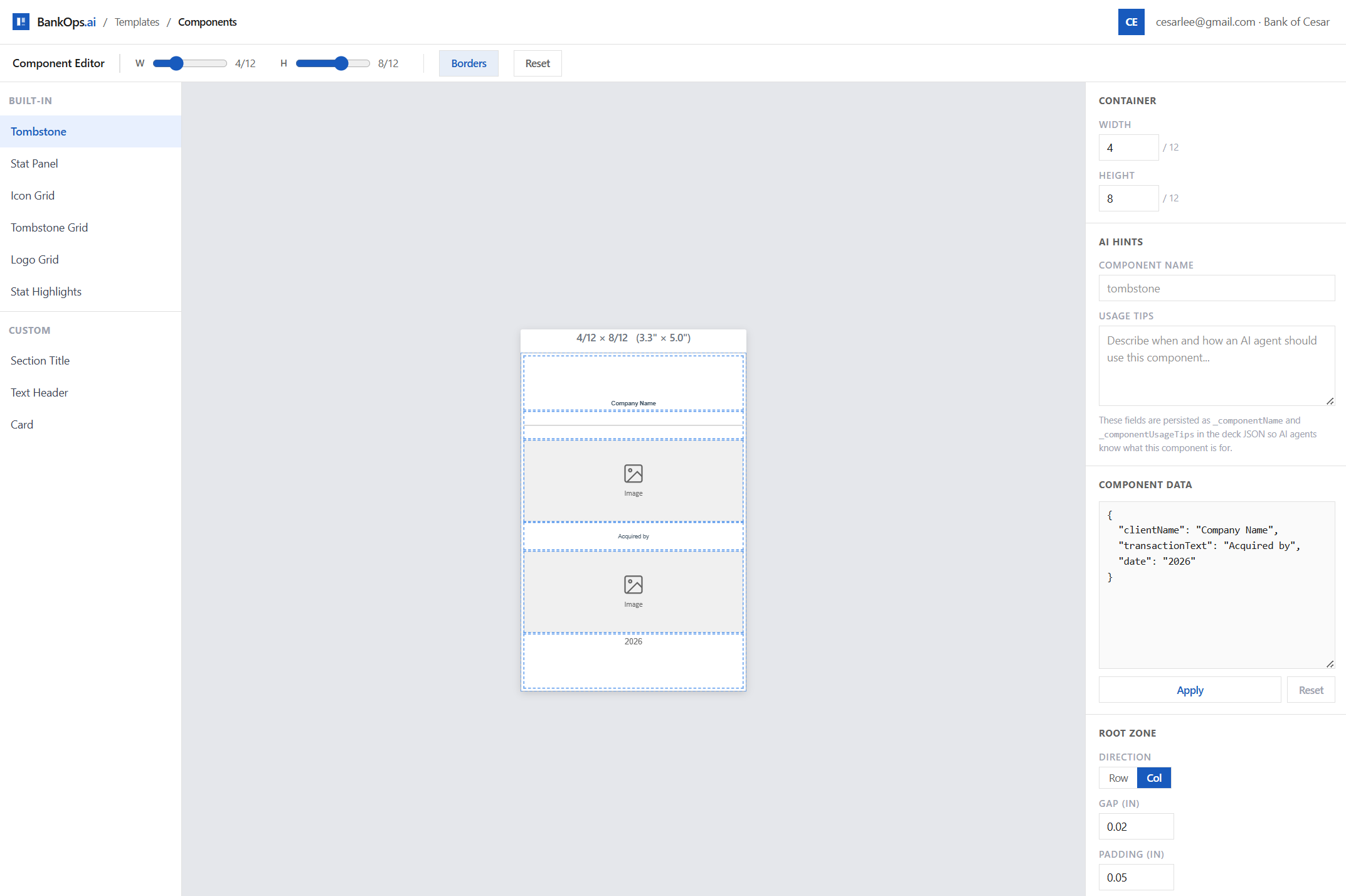 Component editor showing a tombstone template with configuration