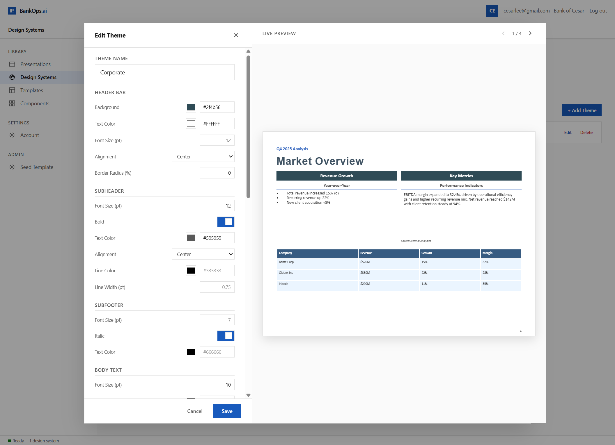 Design system editor with theme settings and live preview