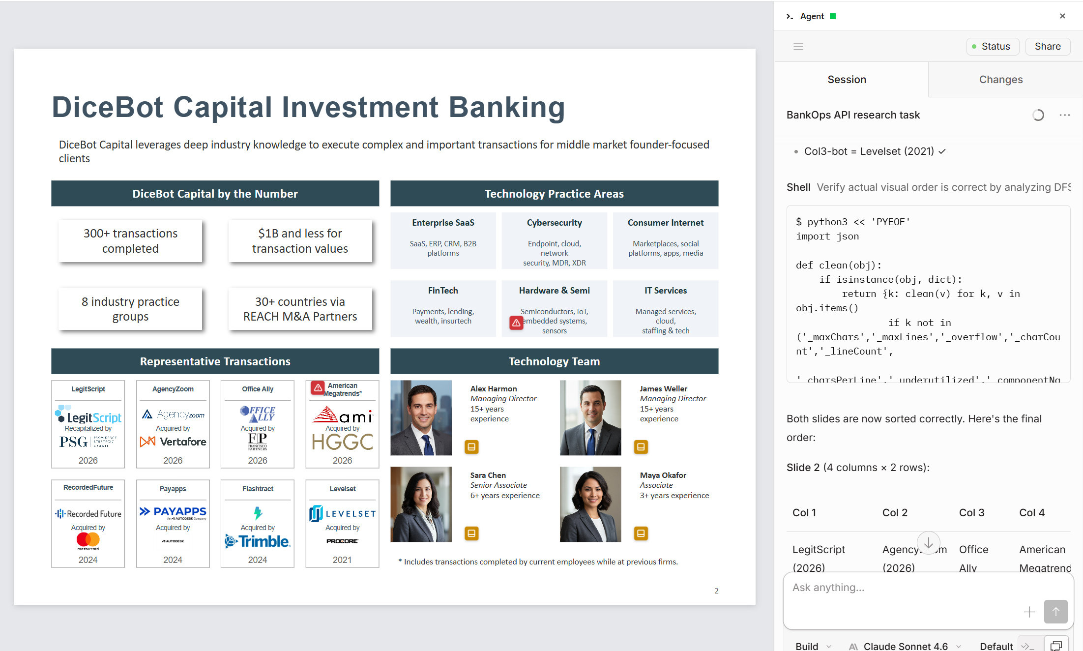 BankOps presentation editor with AI agent generating slides