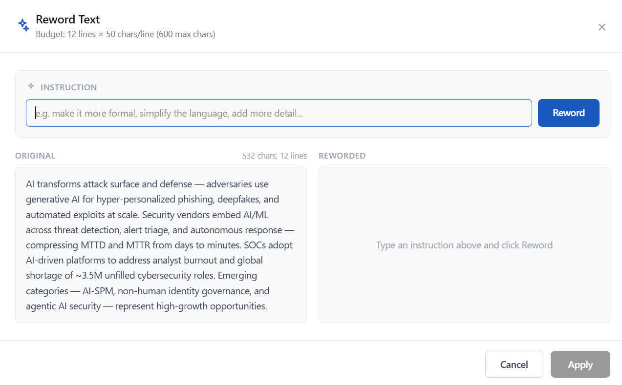 AI reword tool showing original and reworded text side by side